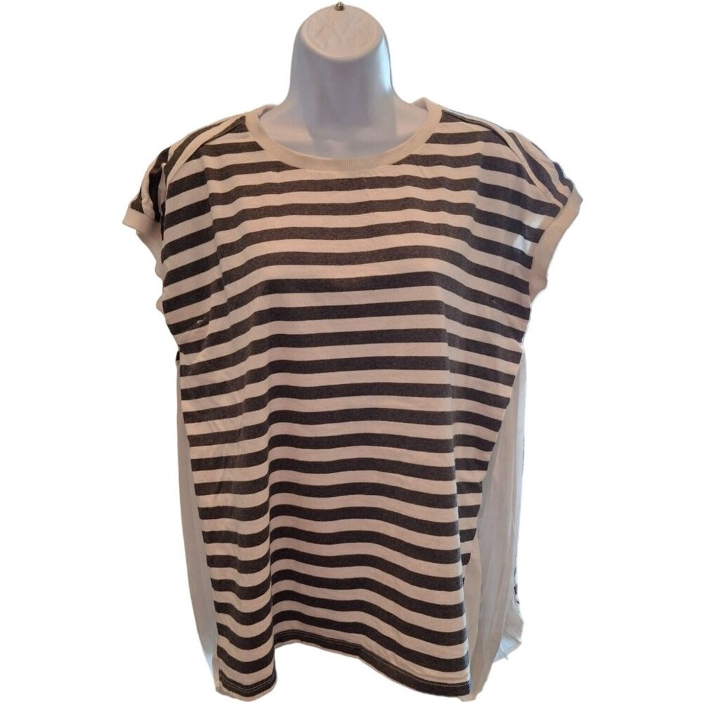 Umgee Women Blouse Large Stripe Black White Short Sleeve Pleated Sides Lagenlook